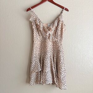 Beige Black Polka Dot Ruffle Romper Size L Smocked Back Dress Look